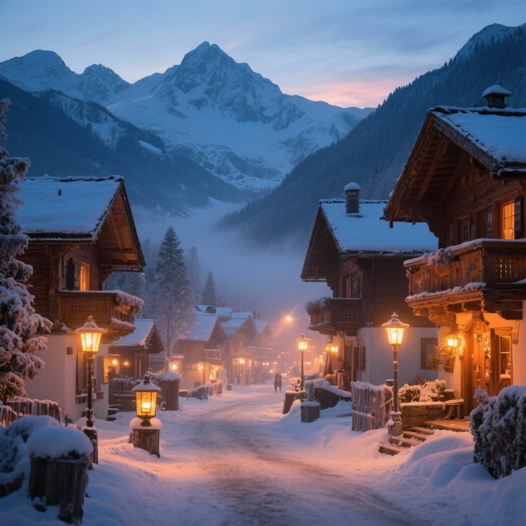 Snowy Alpine Village at Twilight with Glowing Lanterns