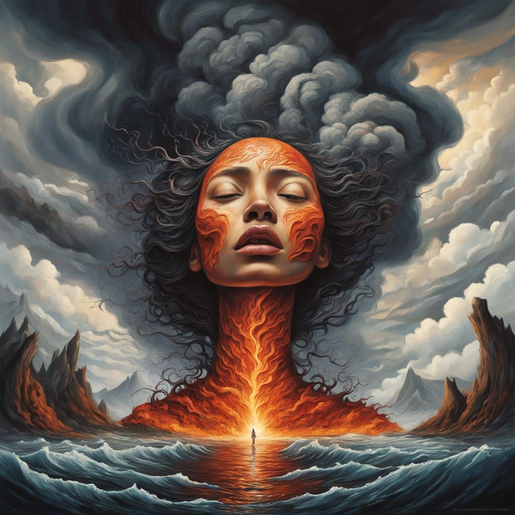 Surreal Polynesian Woman with Lava Hair in Mountainous Lands...
