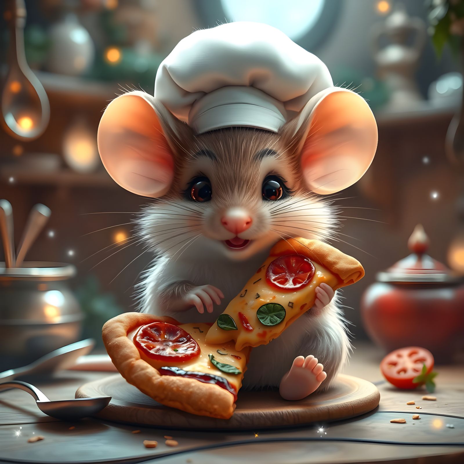 Mouse Chef Enjoys Pizza in Enchanted Kitchen