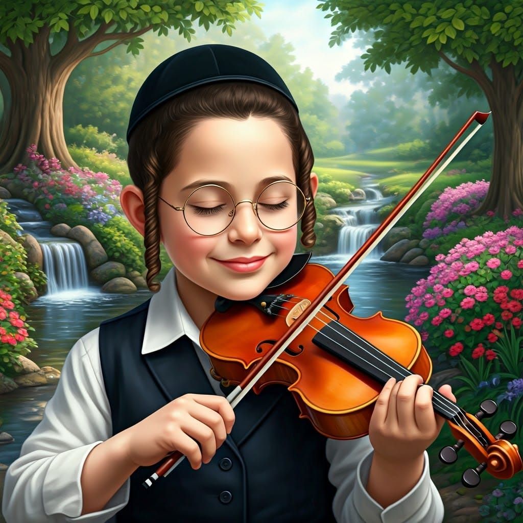 Serene Hasidic Boy Plays Violin in a Peaceful Nature Setting