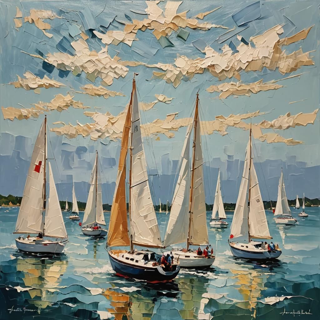 Impasto Painting of Sailboats in a Regatta