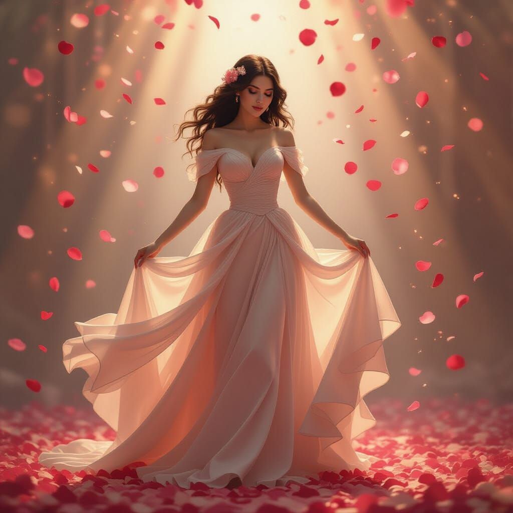 Ethereal Ghost in Vintage Valentine's Gown Amidst Rose Petal...