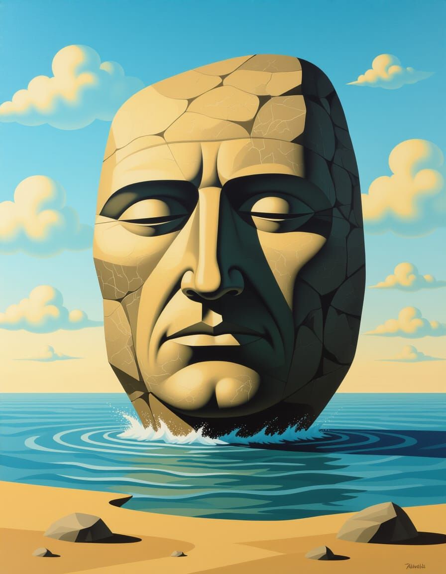 Man-Shaped Boulder Emerges from Water in Surreal Landscape