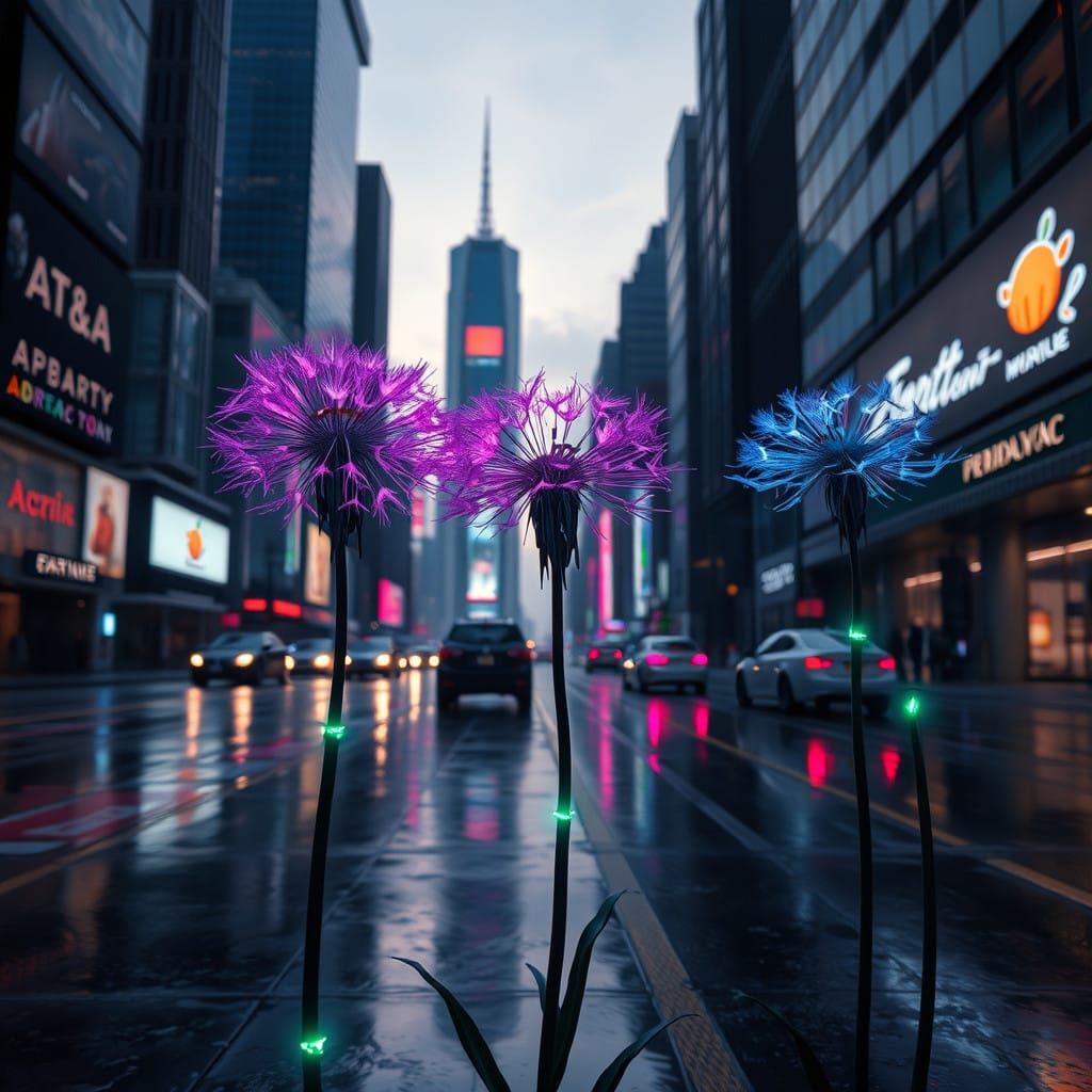 Glowing Robotic Dandelions in a Cyberpunk Metropolis