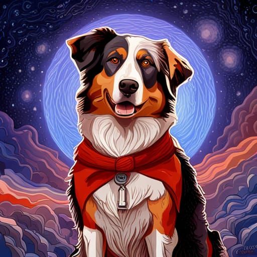 Australian Shepherd Dog in Starry Impasto Landscape
