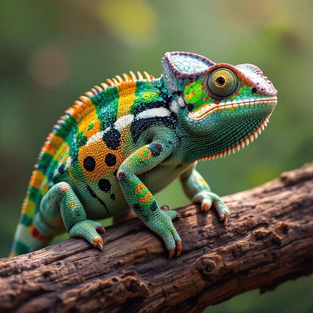 Ladybug Chameleon on Log, Realistic Vivid Coloration