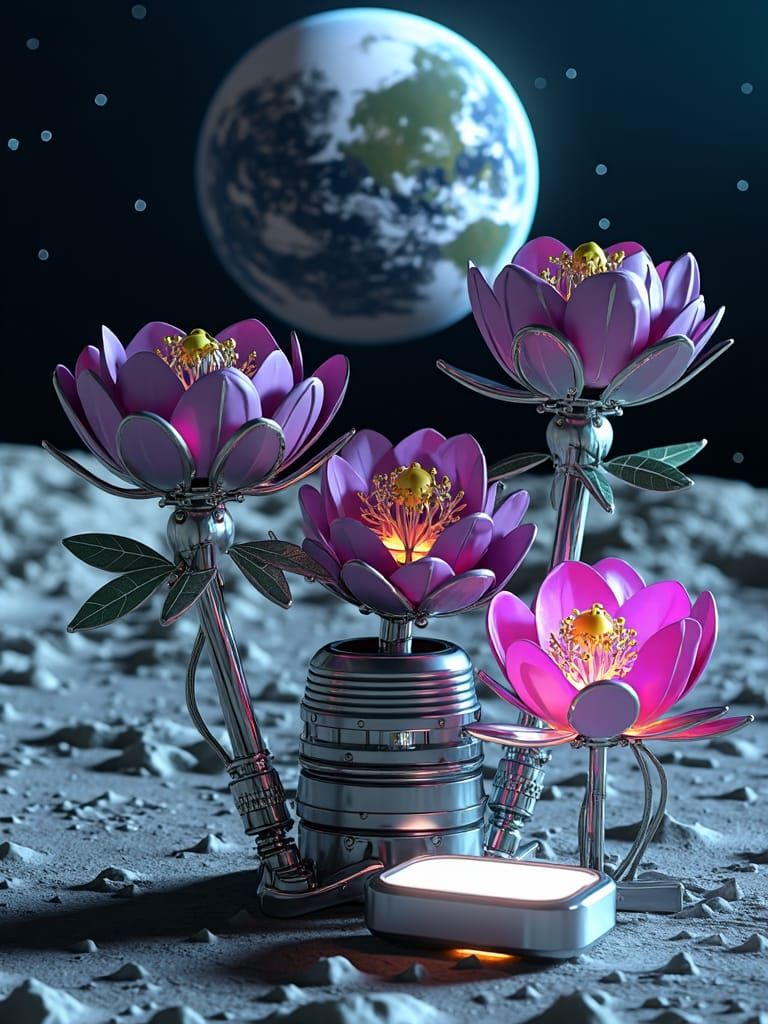 Mechanical Flowers Bloom on the Moon: A Photorealistic Scene