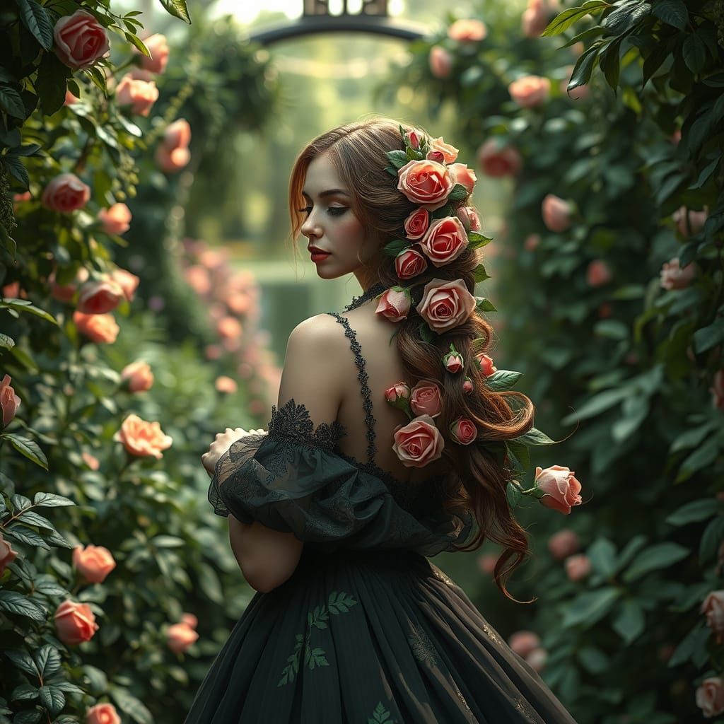 Rose Adorned Woman in Ornate Garden, Hyperrealistic Style