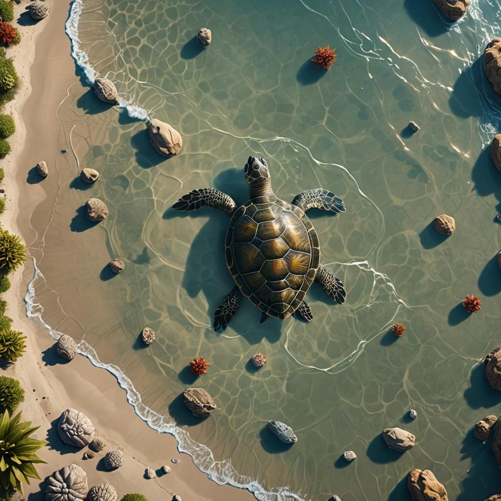 Turtle Floating in the Sea: Detailed Matte Painting