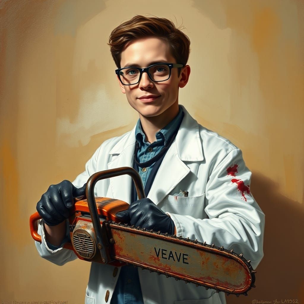 The baby-faced dentist holding a chain saw