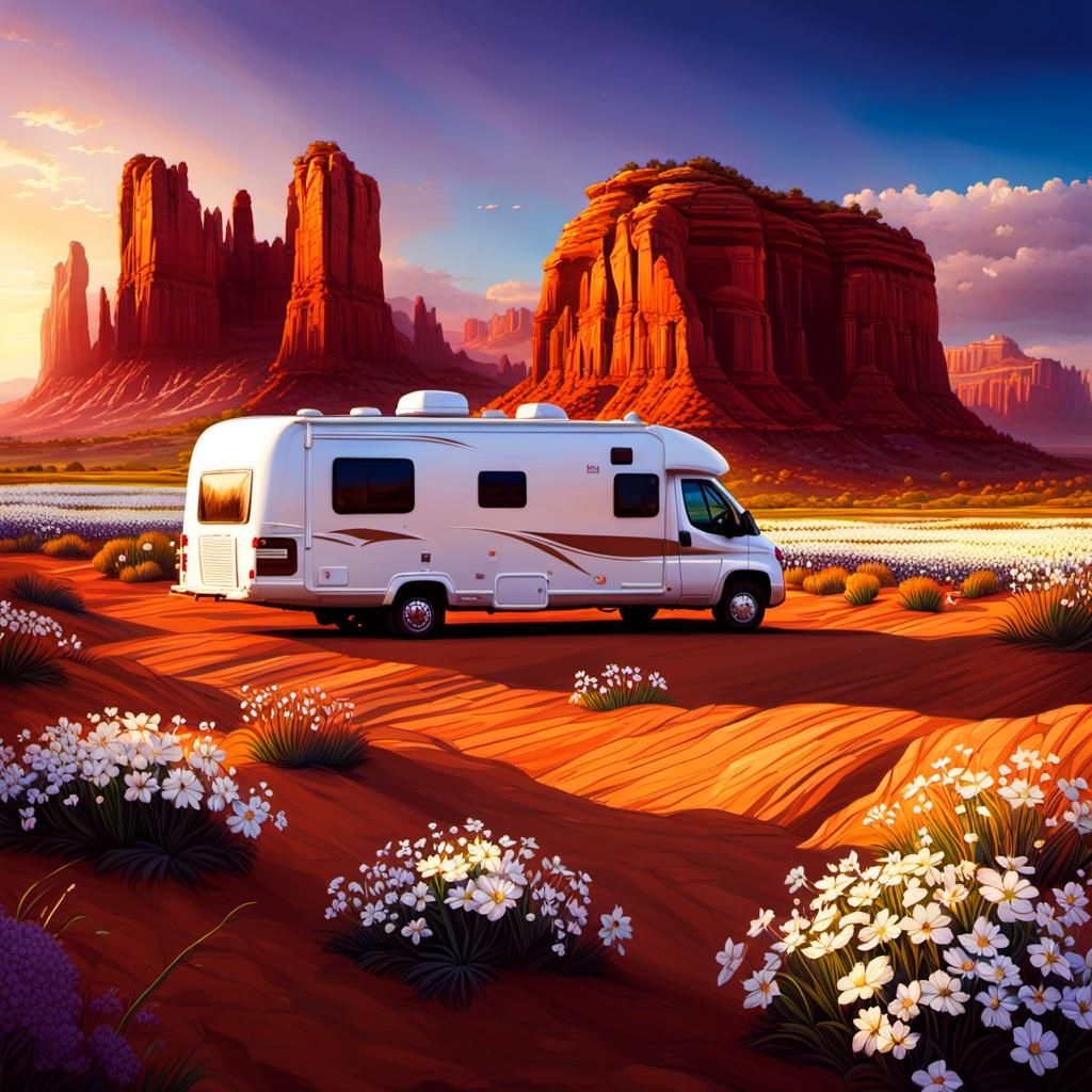 RV in Desert Flower Field: Fantasy Concept Art