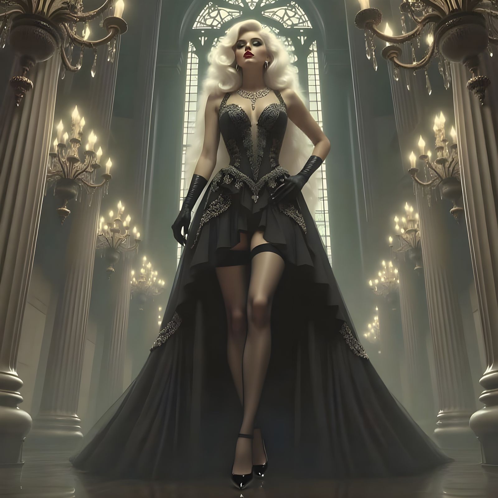 Goth Queen in Pin-Up Style Inspects Castle