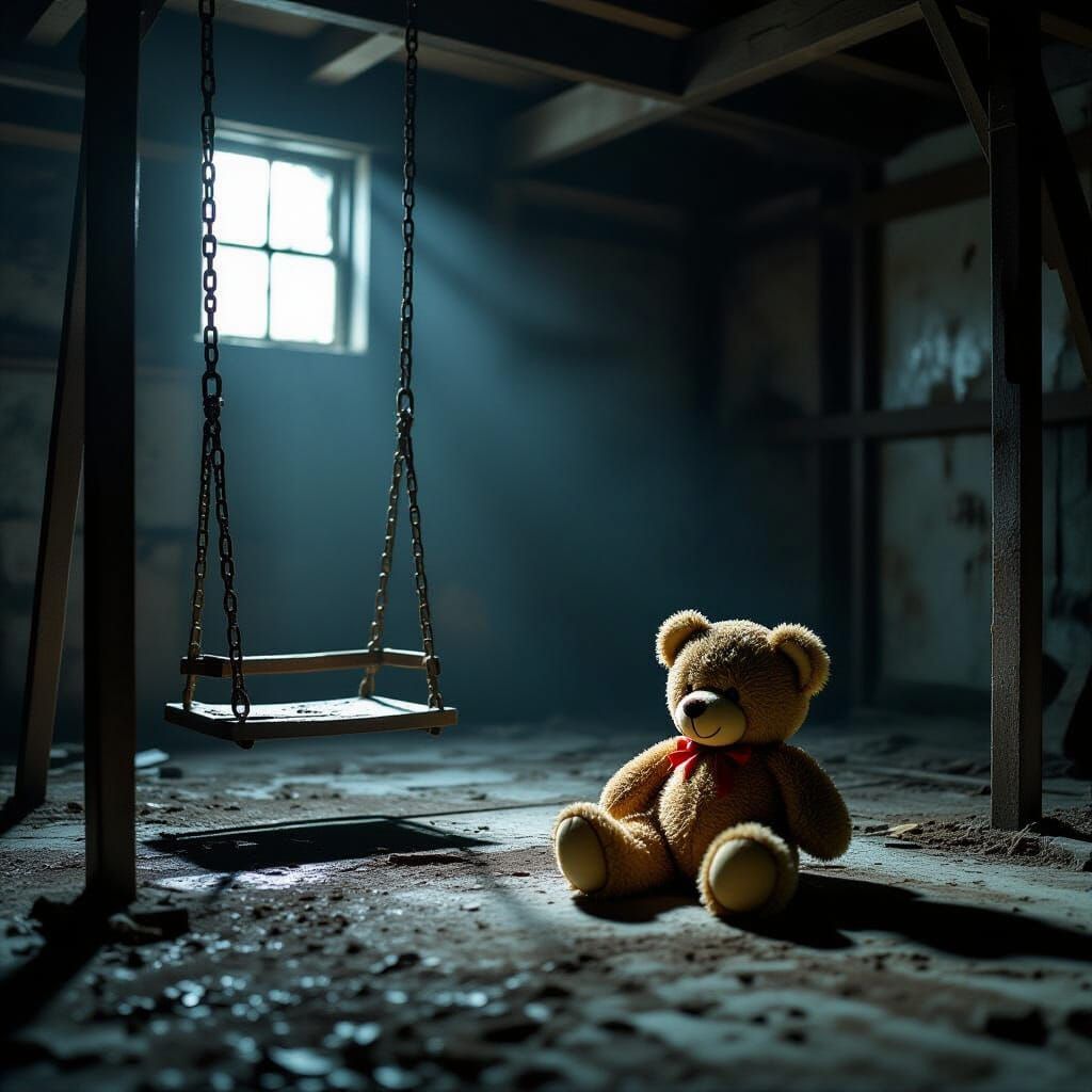 Eerie Basement Horror: Teddy Bear in Dim Light