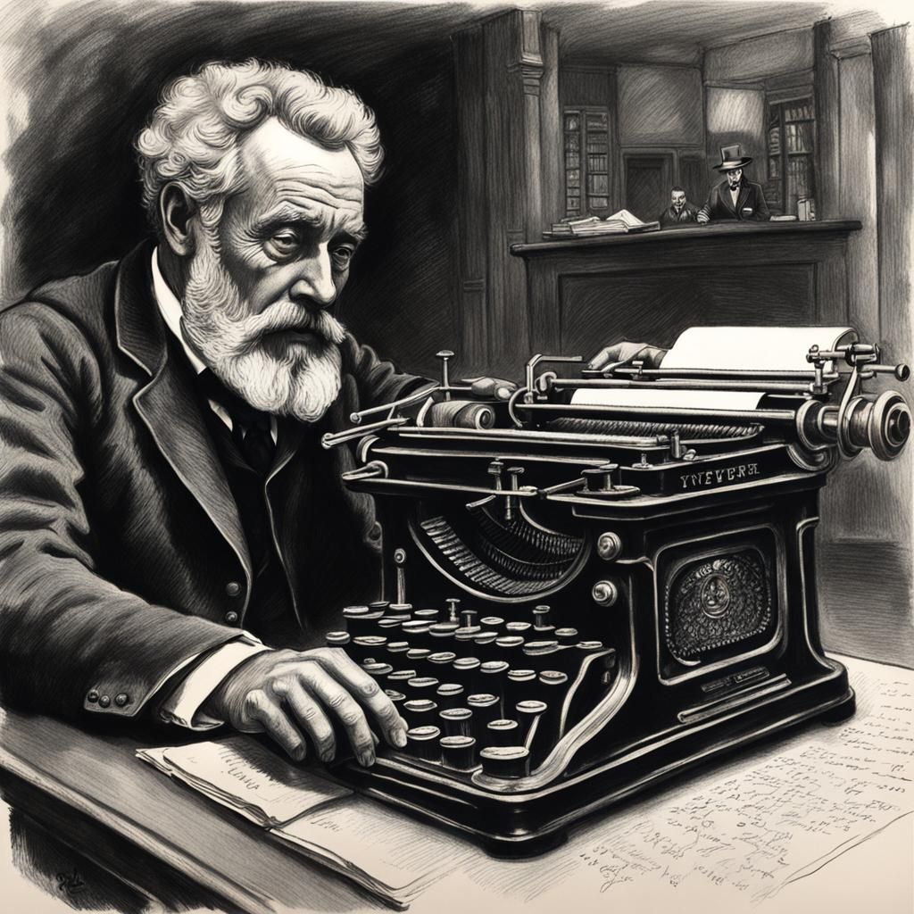 Jules Verne at Typewriter: Hyperdetailed Charcoal Drawing
