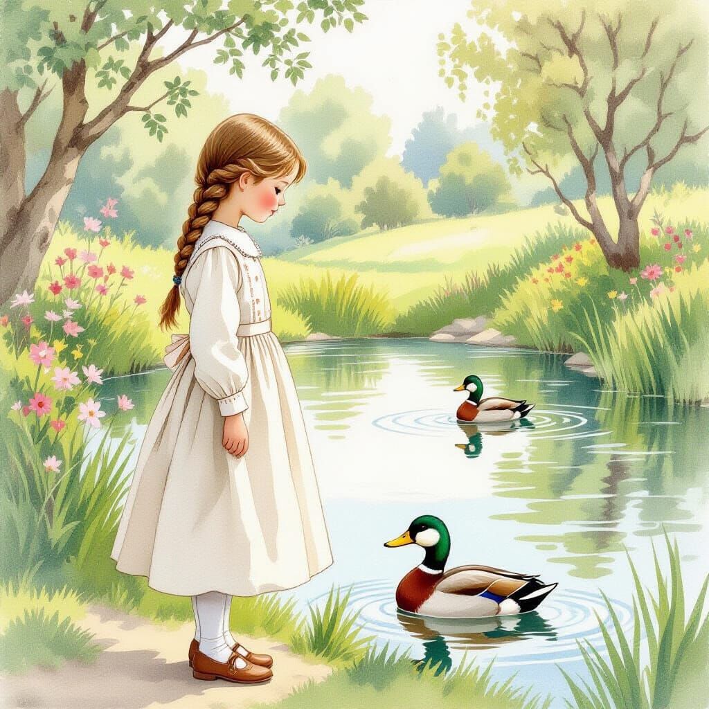 Girl by Duck Pond in Watercolor Style