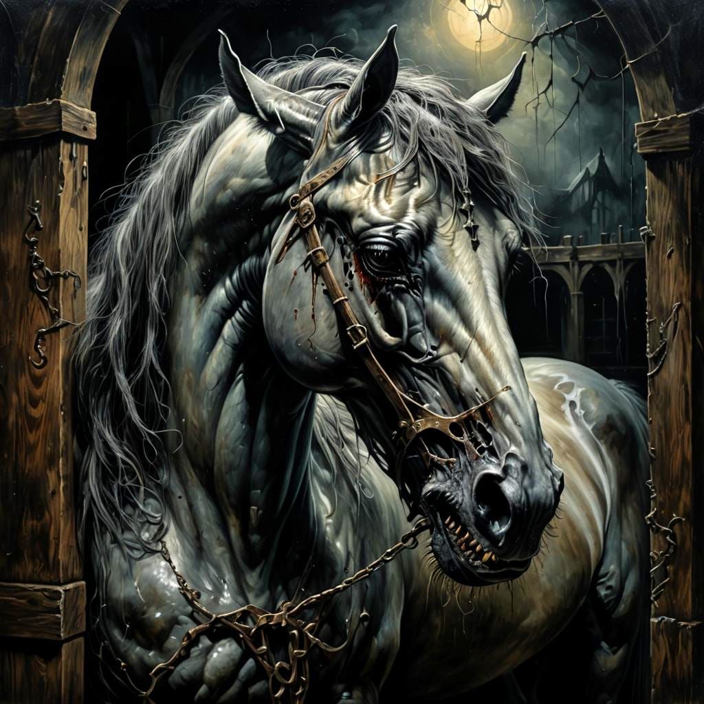 Gothic Nightmare: Spectral Horse Devouring Viewer in Oil