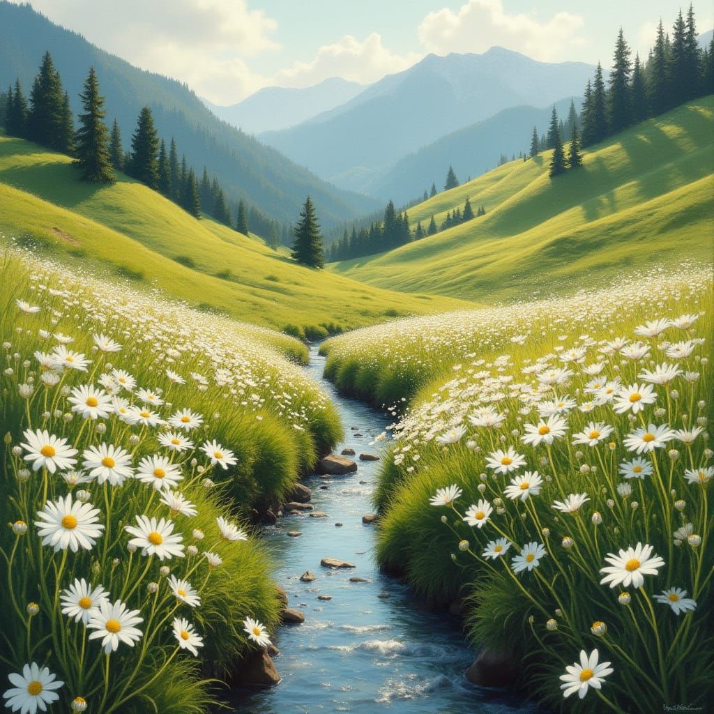 Serene Alpine Landscape with White Edelweiss Blooms