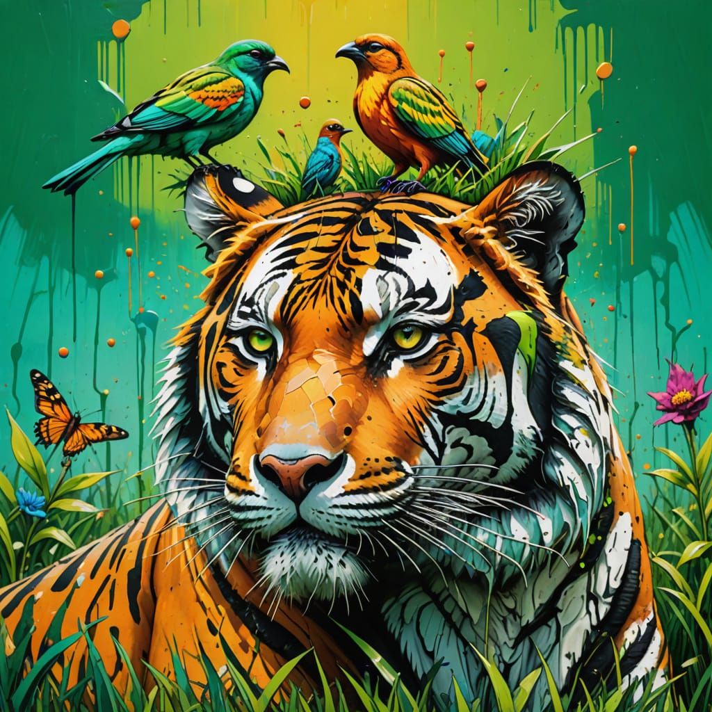 Vibrant Bird on Tiger in Melting Color Street Art