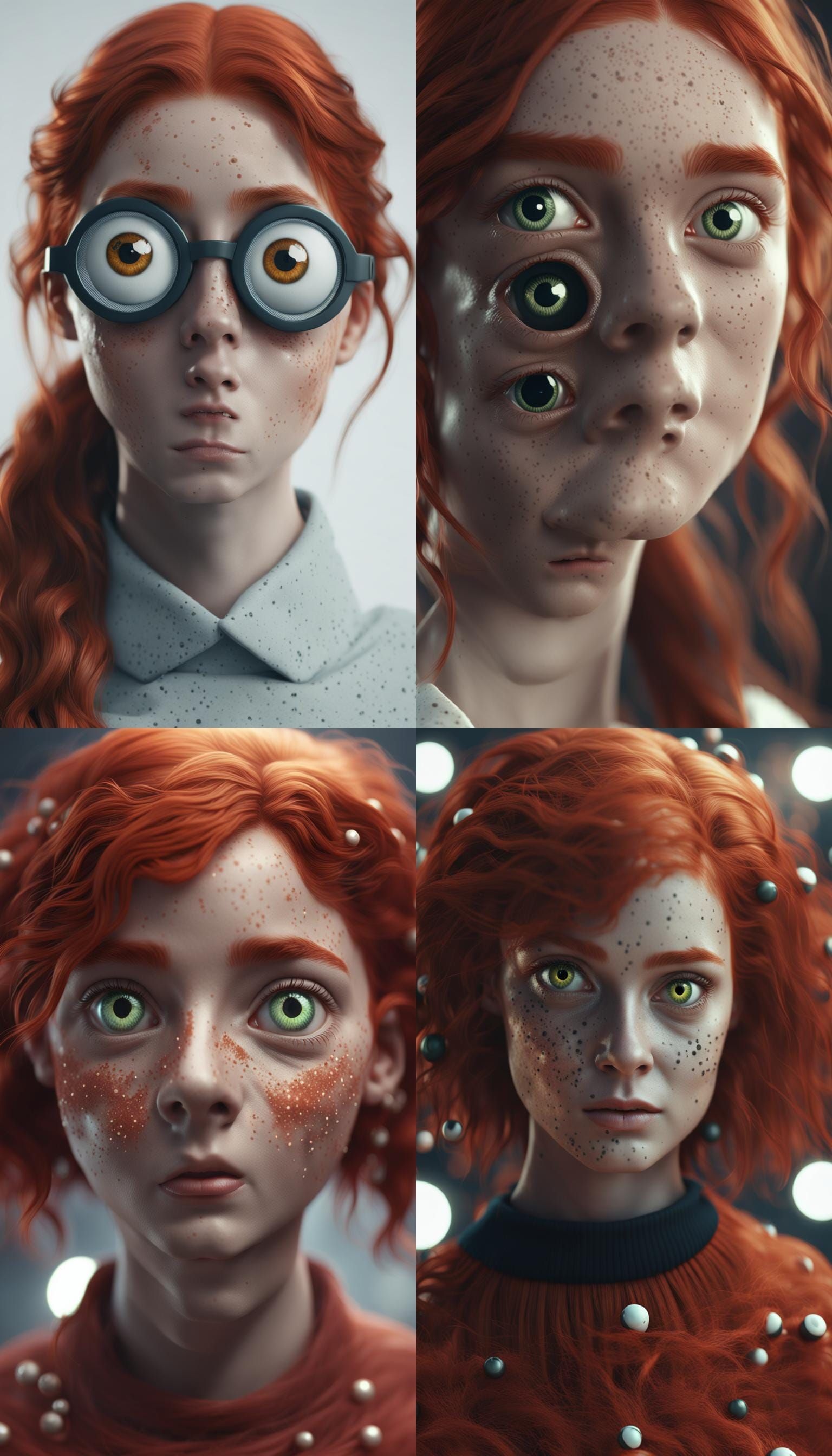 Redhead Portrait Covered in Googly Eyes, 4K Render