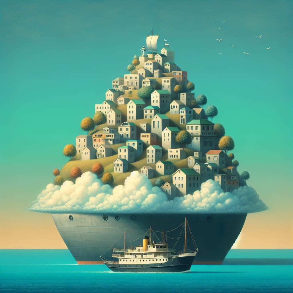 Dreamy Island Boat in Magic Realism Style