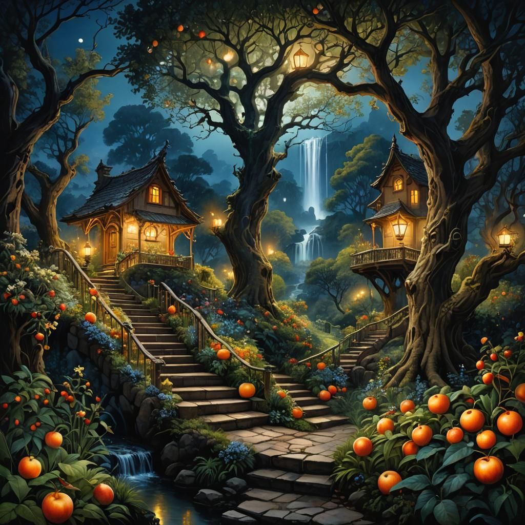 Enchanted Orchard by Moonlight: A Digital Painting