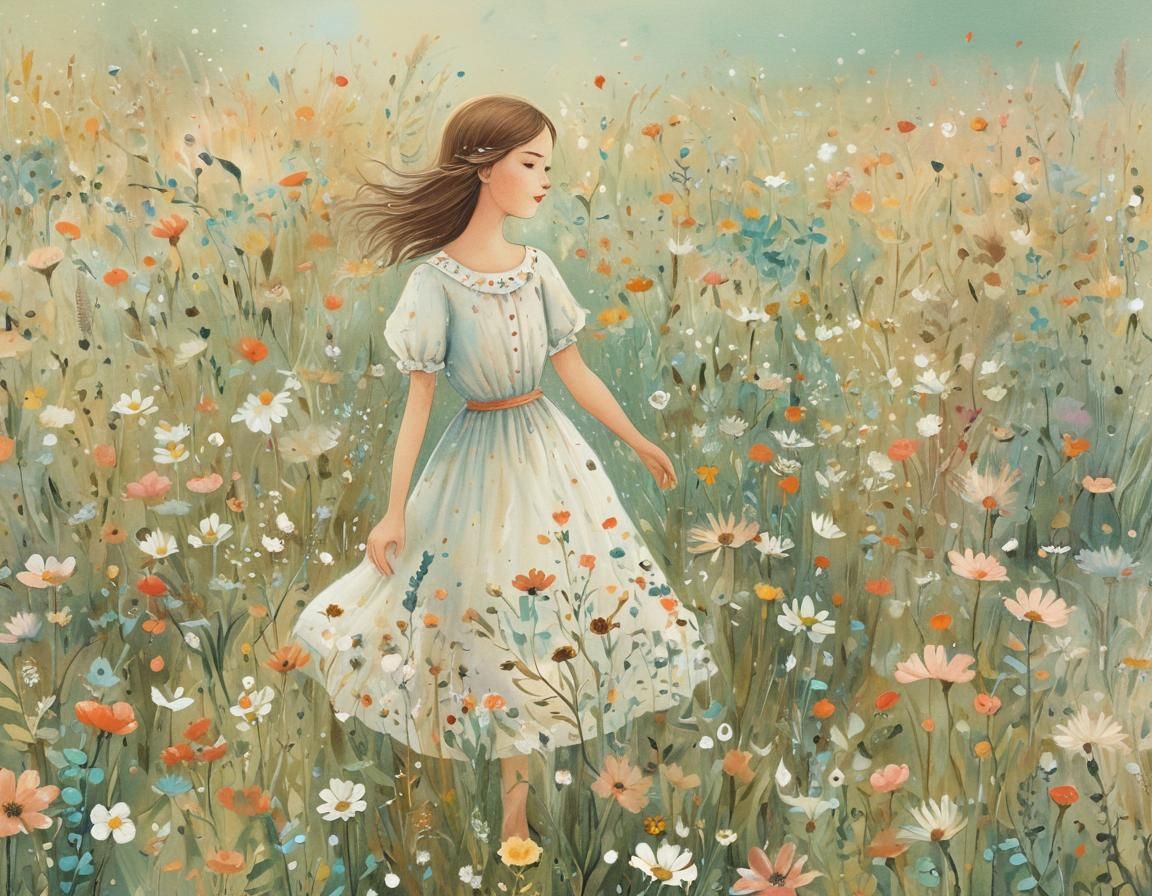 Girl in Flower Meadow: Naive Folk Art