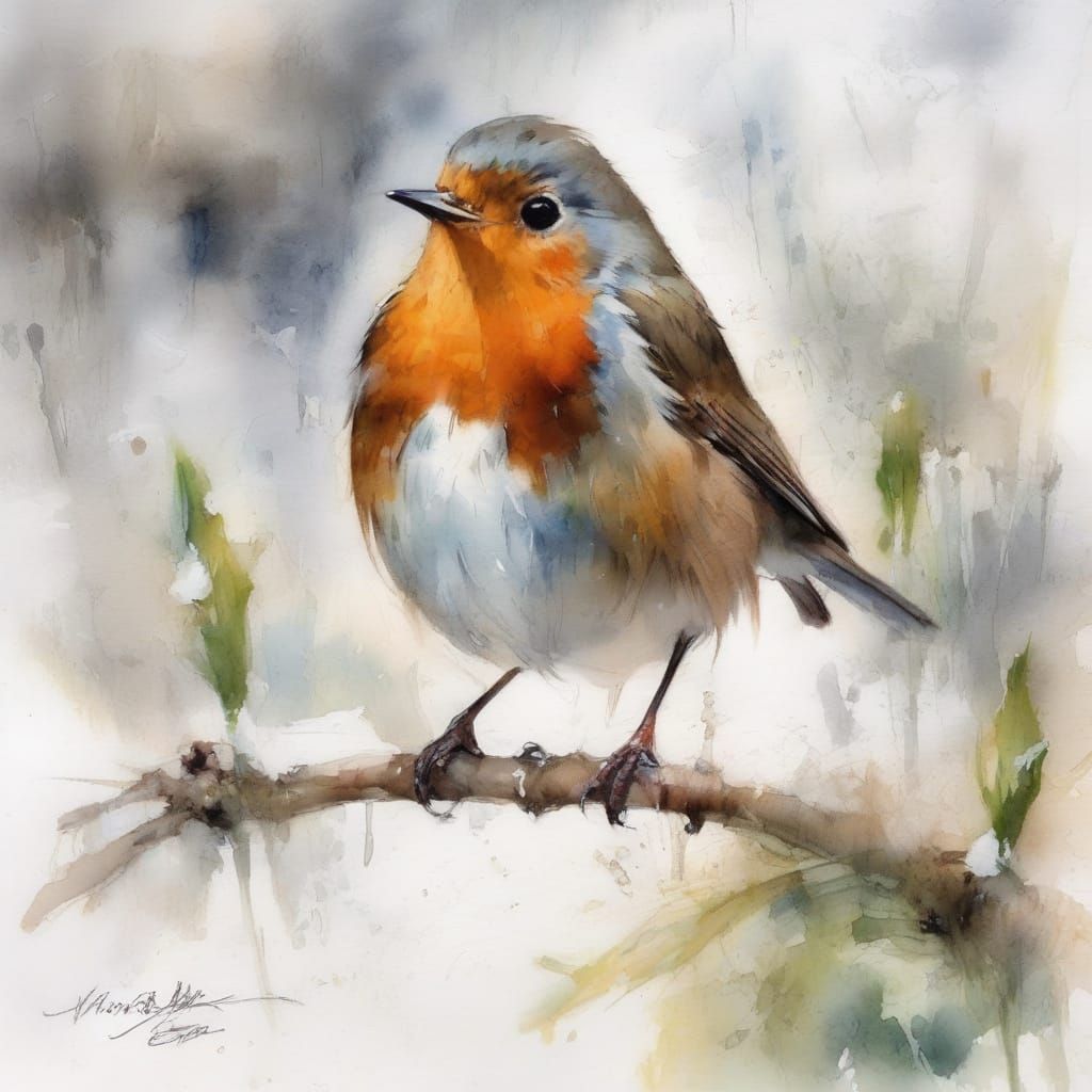 Tiny Robin in Snowy Landscape Neo-Impressionist Oil Painting