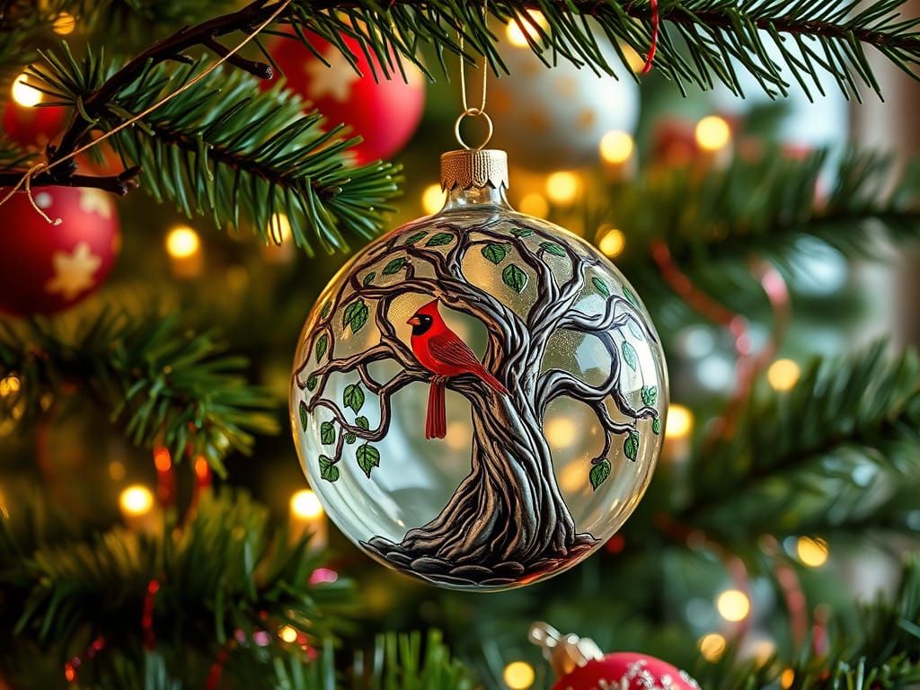 Glass Christmas Ornament with Cardinal and Tree of Life