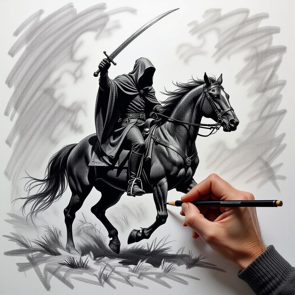 Graphite Sketch of Headless Horseman in Dramatic Style