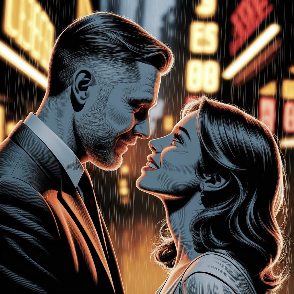 Graphic Novel Close-Up: Confident Man and Woman in Neon Ligh...