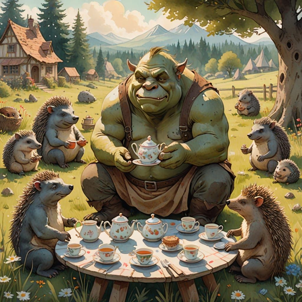 Ogre's Tea Party with Hedgehogs in Watercolor Style