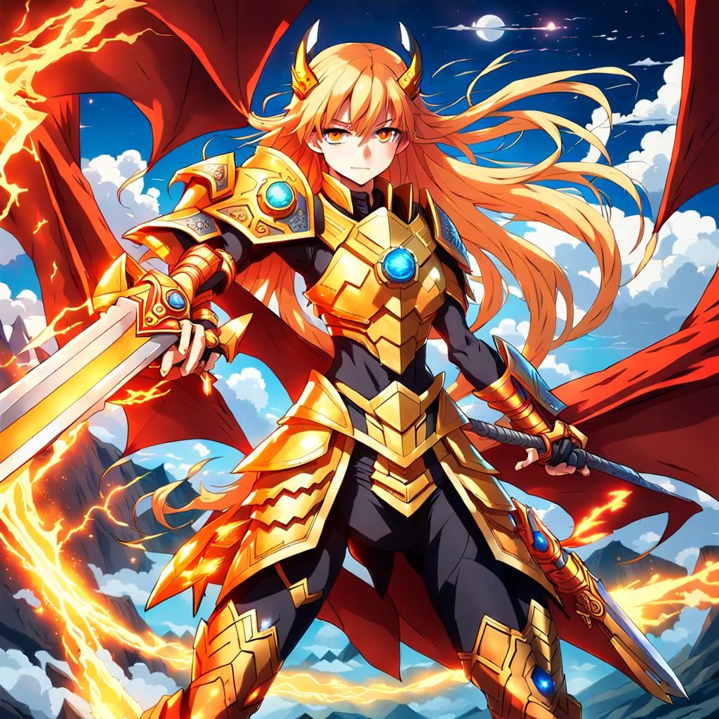 Anime Female Warrior with Dragon Armor and Lightning