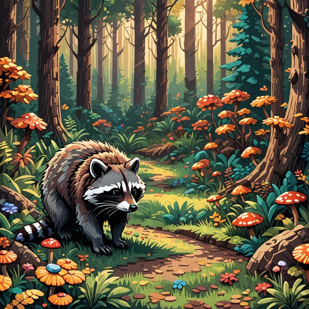 Raccoon in Pixel Art Forest Landscape