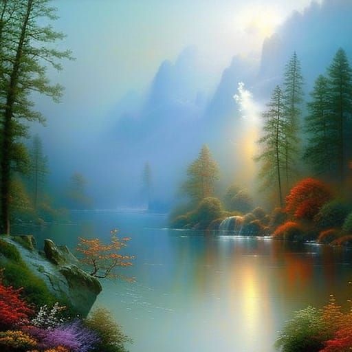Ethereal Fantasy Landscape in Thomas Kinkade Style