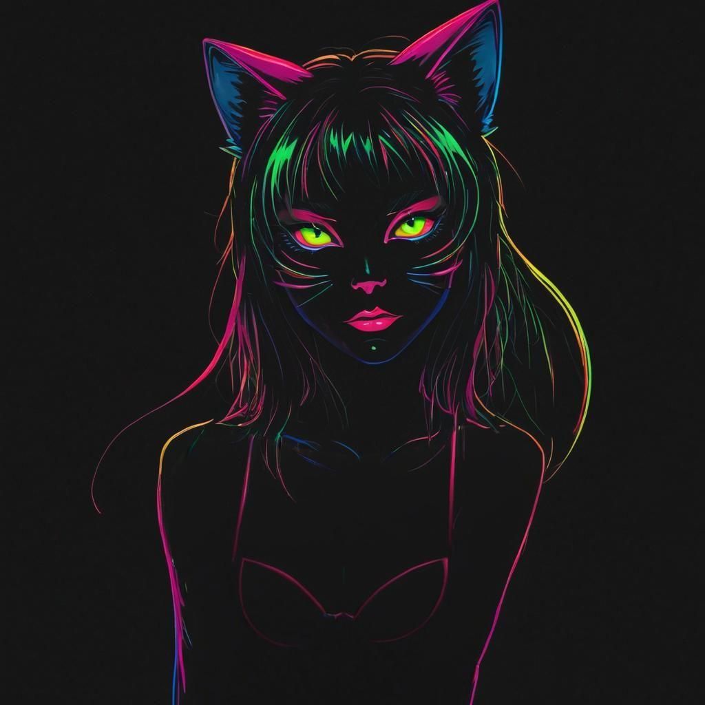 Neon Catgirl Portrait on Black Background