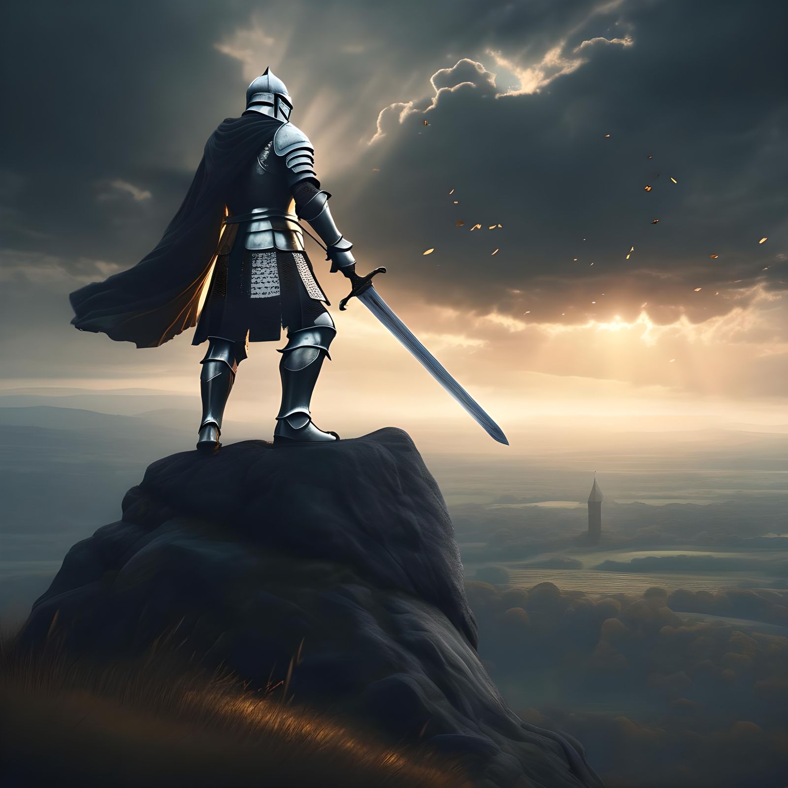 Radiant Knight with Sword on Hilltop