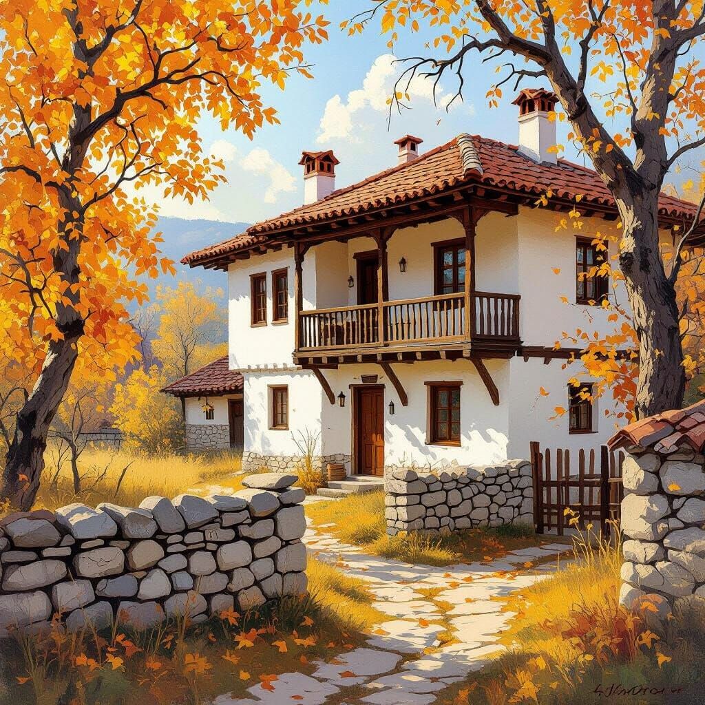 Bulgarian Revival House in Autumn Sunlight, Impressionist St...