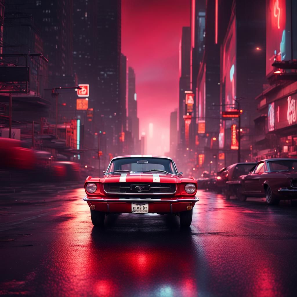 Red 1966 Ford Mustang in Neon City at Night