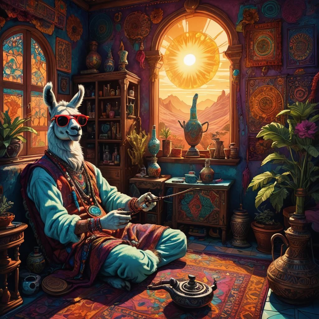 A laid back, relaxed Llama, wearing Hippy clothes, sun glasses, headband, relaxing in psychedelically decorated room, sm...