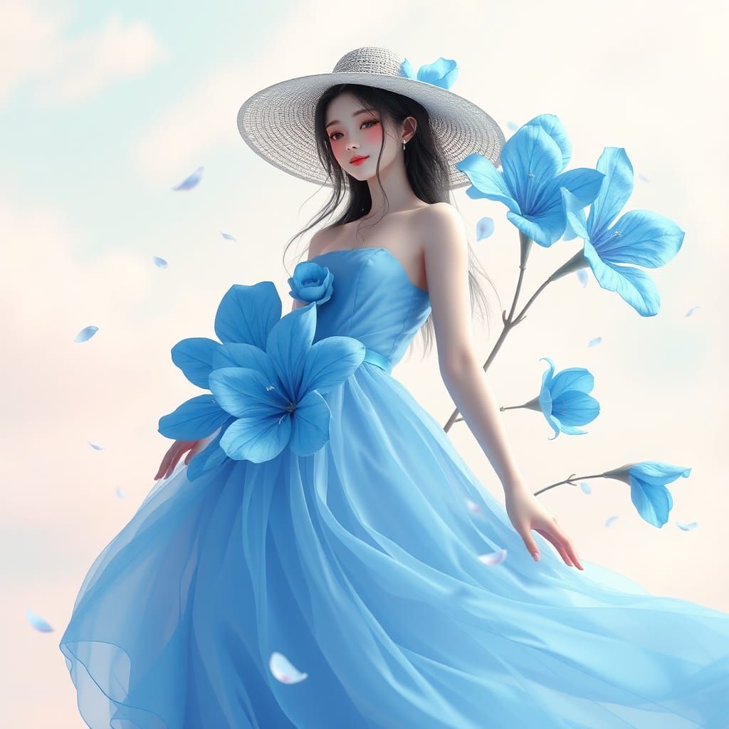 Elegant Woman in Blue Sky Dress, Anime Art
