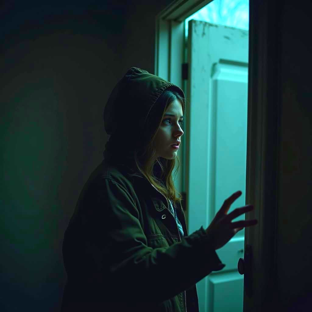 Young Woman Peers Outside in Cinematic Fear