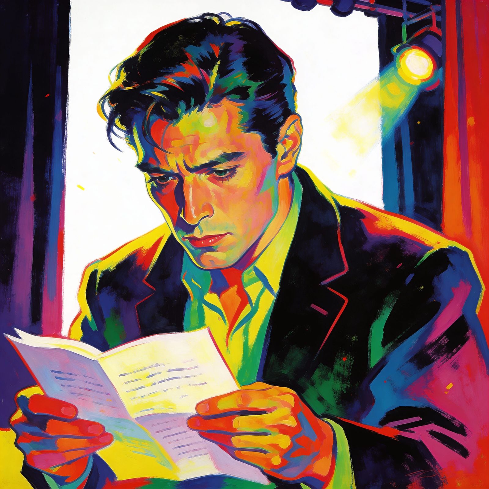 Actor Rehearsing Backstage in Electric Dreamscape Style