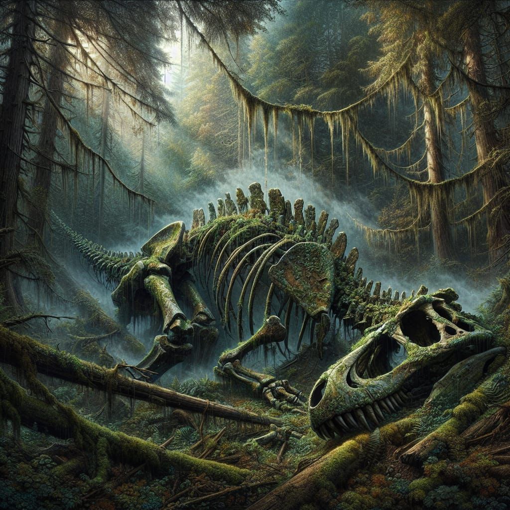 Haunting Dinosaur Skeleton in Romantic Landscape