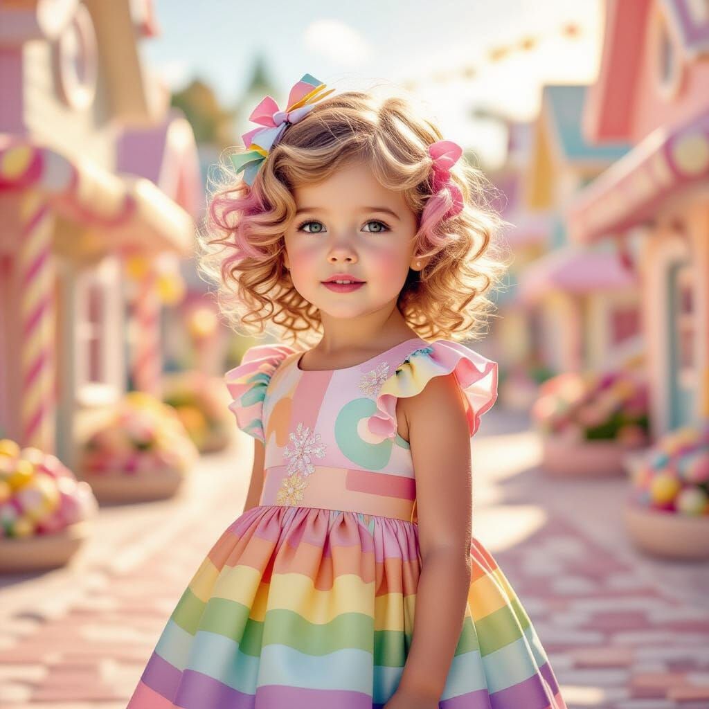 Cute Girl in Candy Village, Photorealistic Style