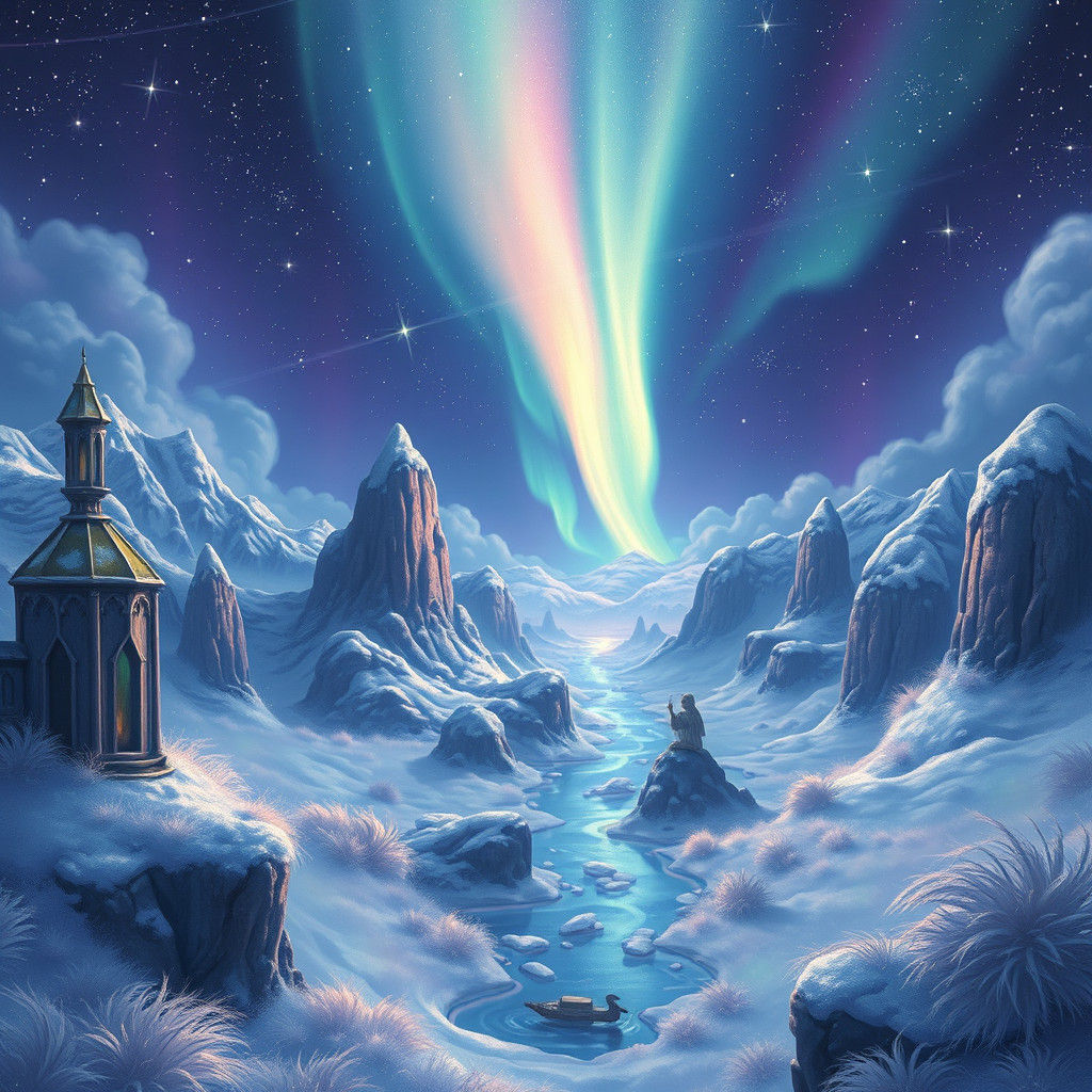 Dreamlike Realm with Aurora Borealis in Digital Art Style