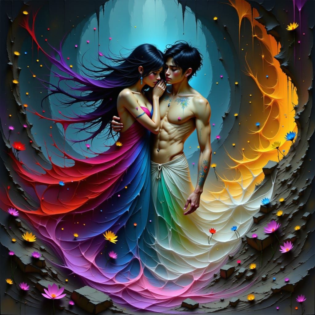 Couple Embracing in Elemental Chaos