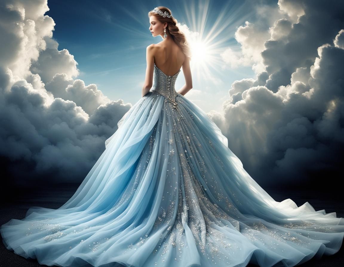 Elegant Silver and Blue Gown in Divine Light