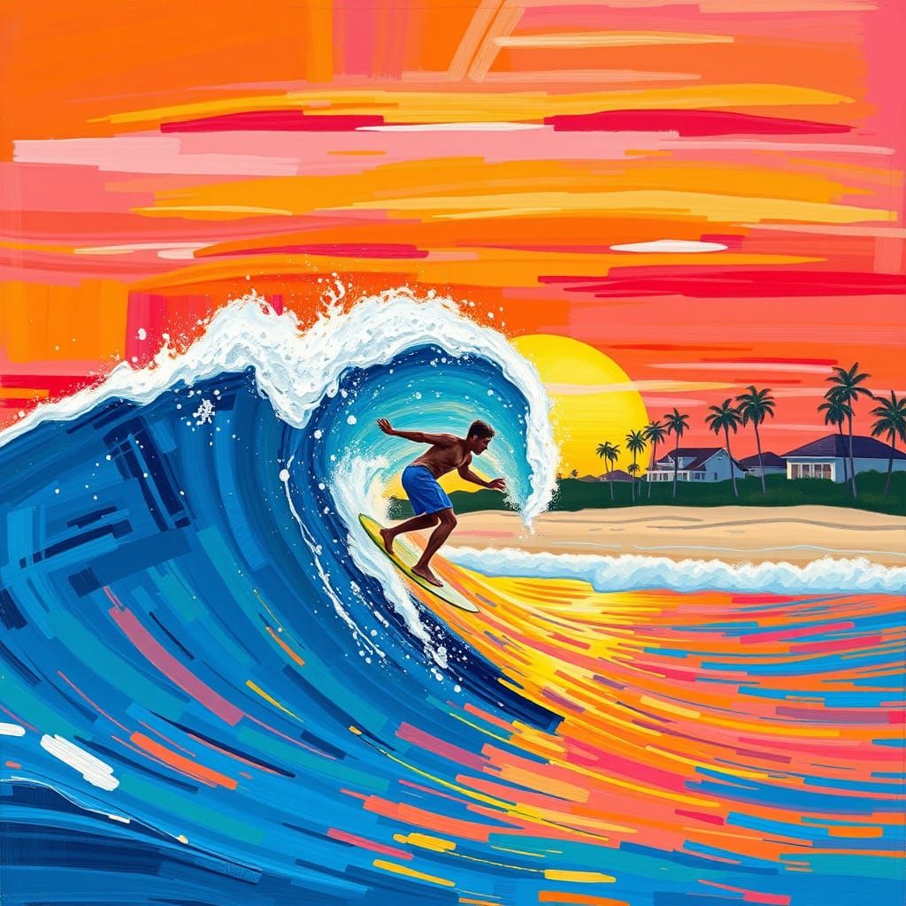 Surfer in Vibrant Impressionist Sunset