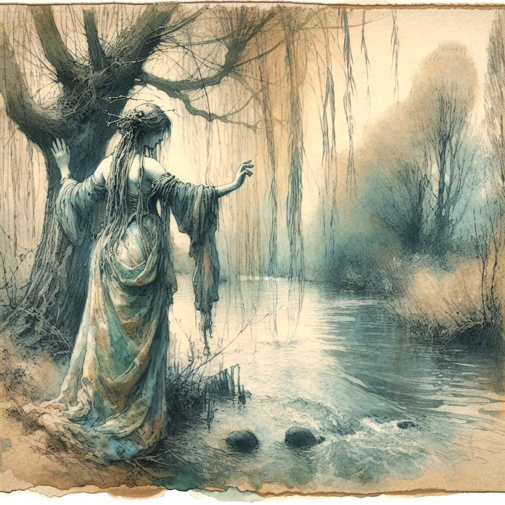 Ethereal Willow Tree Goddess in Rembrandt-Inspired Watercolo...