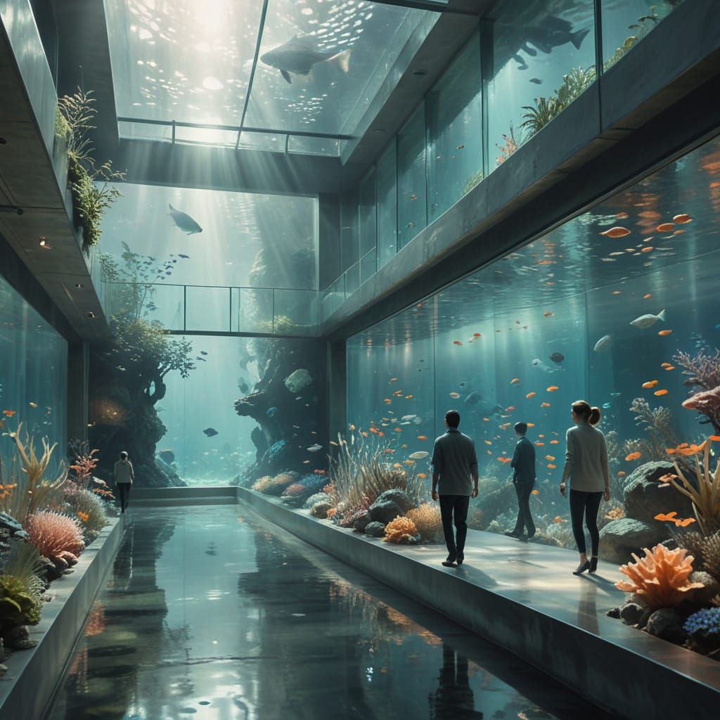 Tranquil Aquarium Walkway in Ink Wash Style